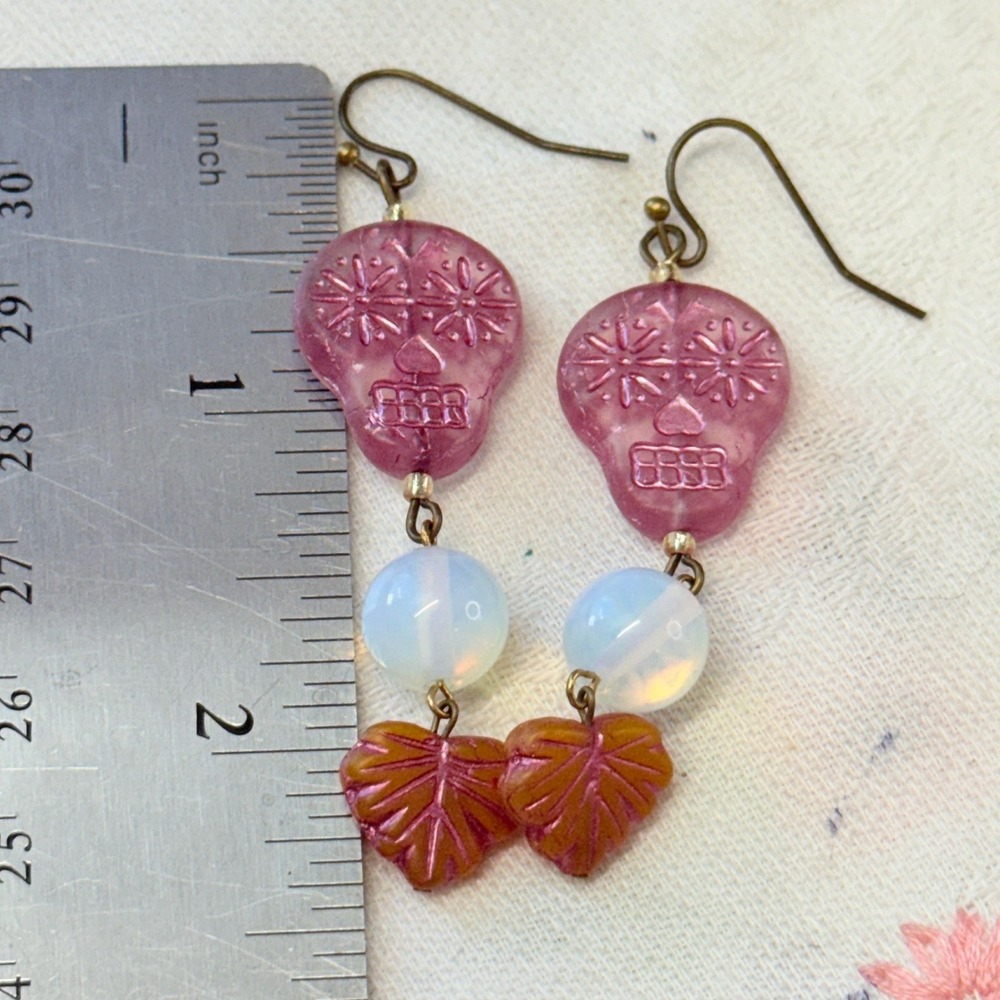 Czech Pink Sugar Skull Glass Bead Opalite Dangle Hook Earrings Hand Crafted - Picture 5 of 5